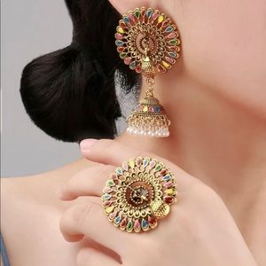 Two Pieces Earrings Nad Ring Set Faux Pearls Tassel Emery Rose Jumka Earrings